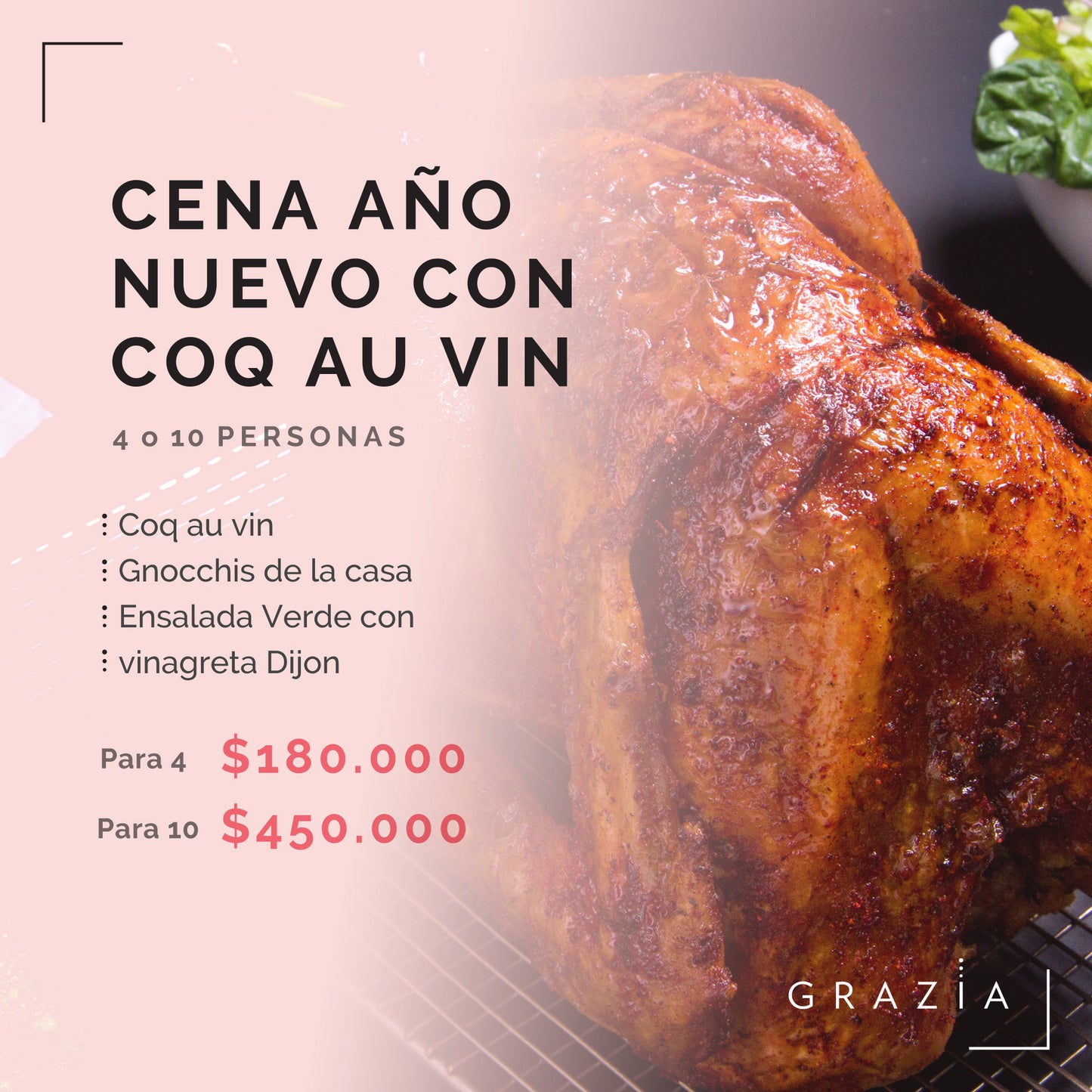 Cena de Año Nuevo a domicilio con Coq au Vin, Para 4 o 10 personas